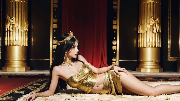 Create an image depicting Cleopatra being rolled out of a carpet in front of Julius Caesar. Cleopatra should be emerging gracefully, wearing an elegant gown and adorned with gold jewelry. Caesar should look surprised and impressed. The setting should be a ...