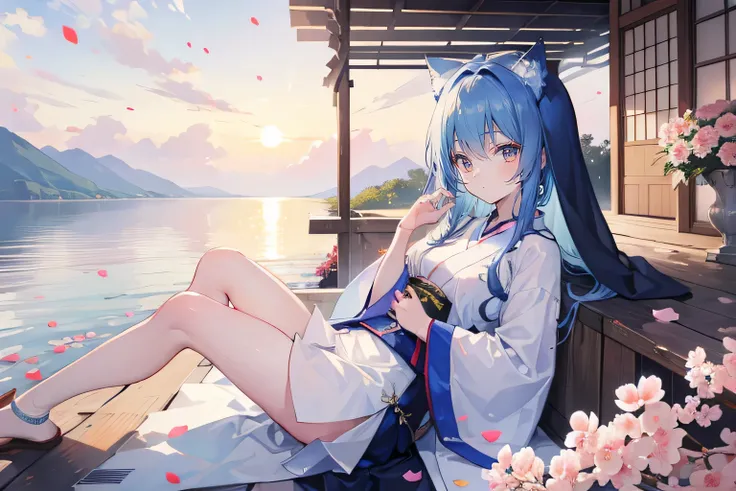 （masterpiece：1.2），Super detailed，lifelike，Expressive eyes，fair skin，perfect face shape，1 girl，
Japanese comics,Gorgeous blue hair,flowing blue hair,flowing clothes,Cat ears,Petals fall,beautiful lola,Baby Angel,
Shaking head with one hand，Cross your legs，，...