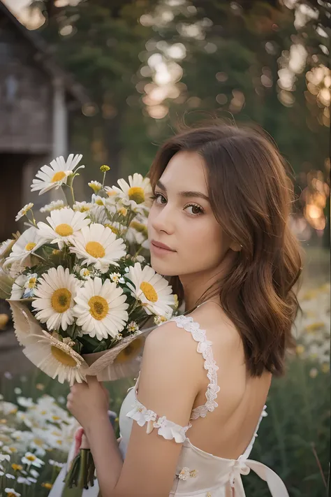 A girl with beautiful hair in a silk dress with a bouquet of daisies. Against the background of sunset and field