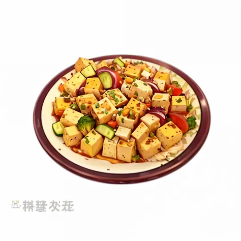 There is a plate of food，Topped with tofu and vegetables, Map Tofu cartoon, Food 4k, delicious food, Hyper-realistic food pictures, Map Tofu, Instagram pictures, Offer a plate of food, ❤🔥🍄🌪, gta chinatowon art style, extremely High-quality scans, High-qual...