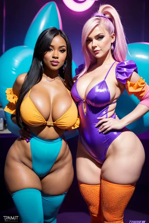 Objective: Dynamic duo posing for an epic cover, Attire: Two matching bubble rompers in neon orange with puffy lilac sleeves filled with translucent inflatable parts, Personality: Confident and playful, Perfect HUGE (HyperAss) ASS Lady duo, Perfect focus: ...