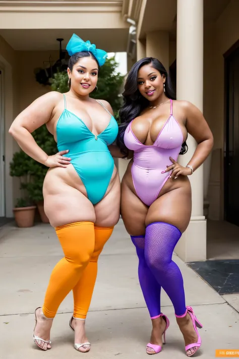 Objective: Posing for a masterpiece cover shoot, duo showcasing their curvaceous figures and vibrant personalities.
Attire: Each lady wears a bold, neon orange bubble romper that hugs their hips and thighs, accentuating their extensive underside. The rompe...