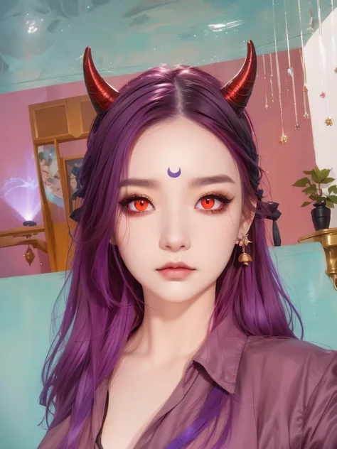 a close up of a woman with horns and a purple hair, (red eyes:1.5) , dark piercing eyes, devious evil expression, character clos...