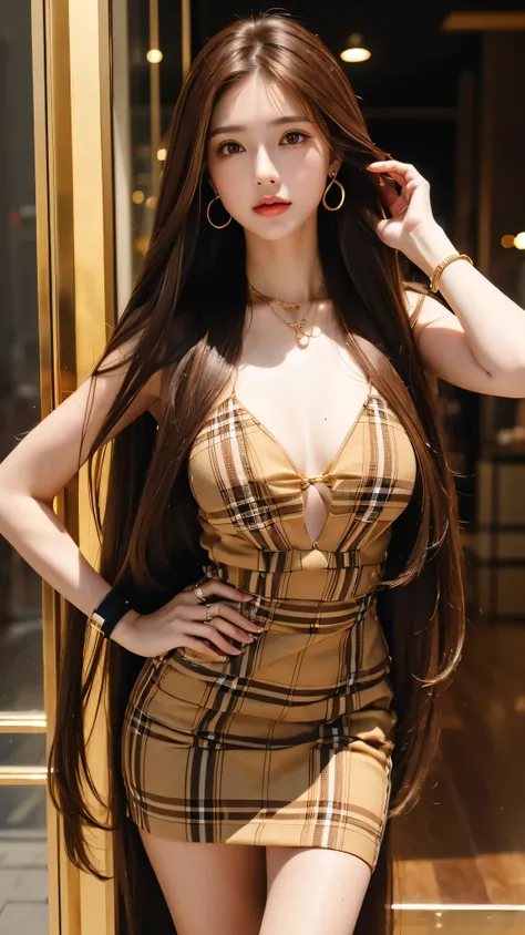 photograph, Absurd, High resolution, Super detailed, Long straight hair_Hair reaching down to the waist、((Extra long brown hair:1.2))、gold necklace＿Large earrings、Complex and bold plaid mini dresses、