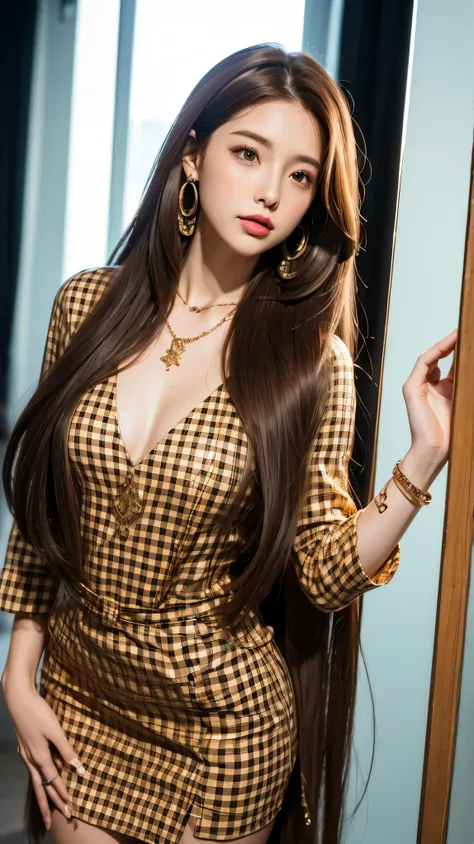 photograph, Absurd, High resolution, Super detailed, Long straight hair_Hair reaching down to the waist、((Extra long brown hair:1.2))、gold necklace＿Large earrings、Complex and bold plaid mini dresses、