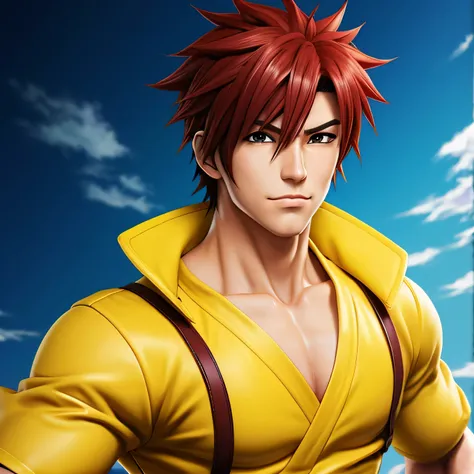 Make a male anime Fighter .yellow outfit, high quality, potrait 