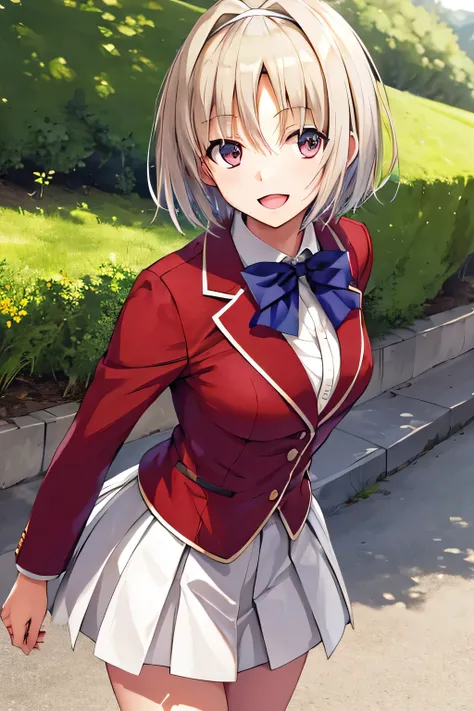 masterpiece, Highest quality, High resolution, Akio, short hair, Hair Intake, White hair band, Blue bow tie, Collared shirt, blazer, Red jacket, Long sleeve, White Skirt, Pleated skirt, Black socks, Cowboy Shot, Are standing, Outdoor, straight, Place your ...