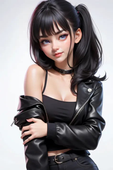 1 girl (18yo) , upper body, slim waist, small breast, sexy pose, naugthy face, bangs, cleavage, , short top, black jacket,off shoulder, seductive smile, wear sexy outfit, white background