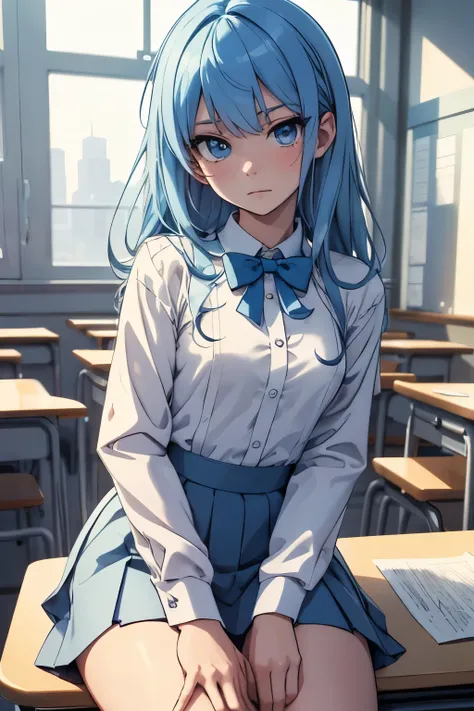 masterpiece, best quality, ultra-detailed, illustration, colorful, flat color, depth of field, lens flare, 1girl, hoshimachi suisei, anime, sitting, blue hair, looking at viewer, school, classroom, white shirt, bowtie, bottomless, detailed skin texture, de...