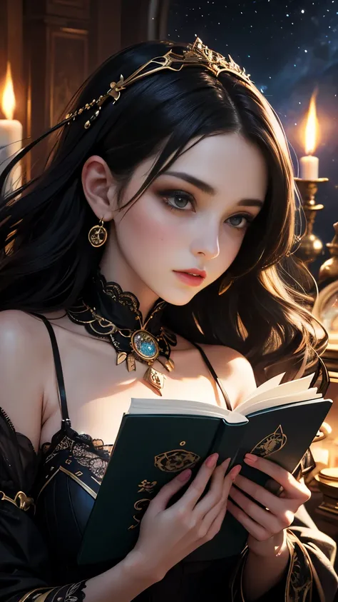 Highest quality, 16K, Unbelievably absurd, Very detailed, 2.5D, delicate and dynamic, , formal, magic space, Fortune Telling Hut, Gothic, candle, Astrology Books, A suspiciously large ornament, Star Chart, Thick book, , Giant magic circle, A complex magic ...