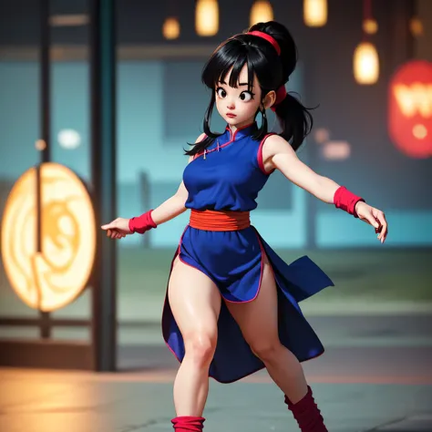 (ultra realistic,32k,RAW photo:1.1),(high detailed skin:1.1), 8k uhd, dslr, high quality, film grain, (makeup, mascara:1.1), lips,(thicklips), dragon ball, bbchichi, (low ponytail:1.1), black eyes, medium breast, (busty:1.1) ,  (chubby:0.1),(lighting:1.1),...