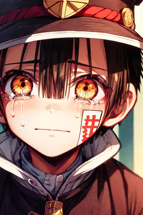 boy, solo, male focus, looking at viewer, crying, tears in his eyes, hanako-kun, black hair, yellow eyes, blushing