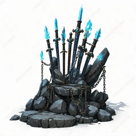 there are many swords on the rock，there are chains around it, 2.5d hand painted game object,hand painted，game assets