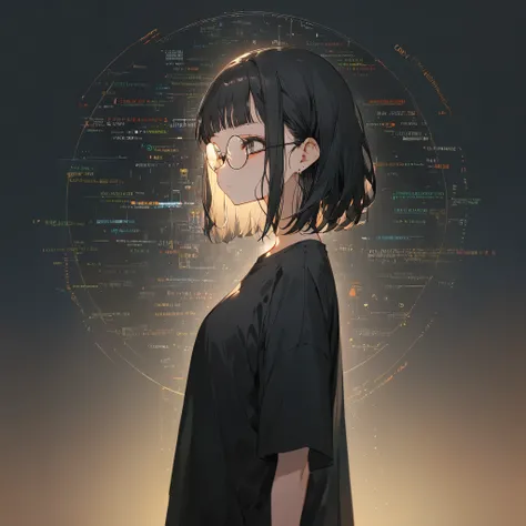 beautiful girl，Black hair bangs, Wearing an oversized black T-shirt，Wearing round glasses，Background is programming code，Face facing forward and up