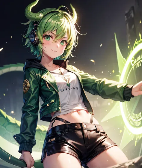 1Girl, cute, tomboy, happy, short green hair, green eyes, dragon horn headphone, jacket, magic circle