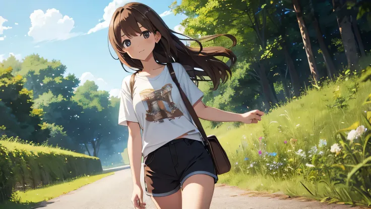 anime　Shorts　ｔshirt　Brown hair long　countryside　summer　