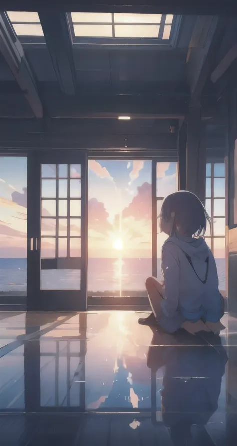 sunset, window,Sitting, girl, Large window, You can see the ocean from the window, I can see the horizon from the window, 