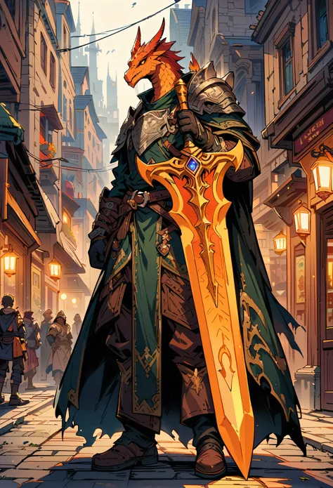 DnD character art, fantasy warrior with dragon head helmet and orange scales holding sword in hand standing on city street, green , black leather gloves, high details, in the style of fantasy., knight dragon, big sword, holdingsword