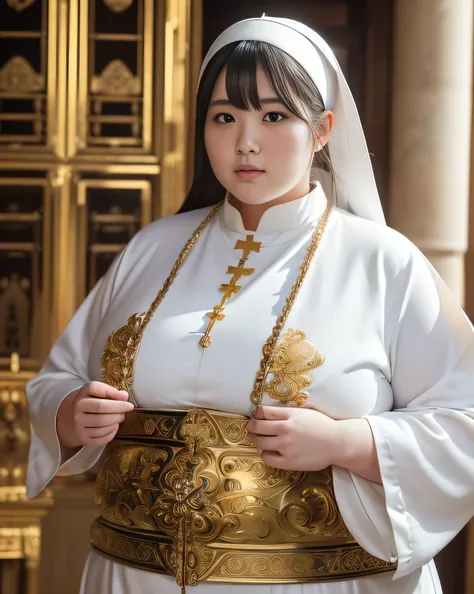 ((8K)), highest quality, 超High resolution, (High resolution), 1 girl, Overweight, ((Extremely fat)), ((Chubby)), Japanese, (((A 30-year-old white female monk from ancient Europe)))、(((Beautiful female priest))), (Ancient ornate and luxurious temple)、(((lux...