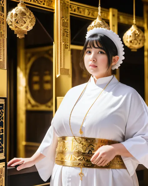 ((8K)), highest quality, 超High resolution, (High resolution), 1 girl, Overweight, ((Extremely fat)), ((Chubby)), Japanese, (((A 30-year-old white female monk from ancient Europe)))、(((Beautiful female priest))), (Ancient ornate and luxurious temple)、(((lux...