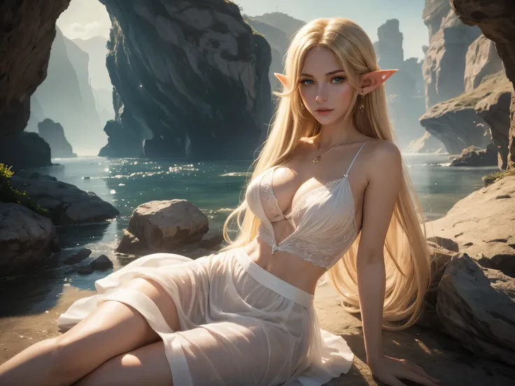 1 girl, Beautiful elf lady, blonde Long straight hair, upturn elf pointy ears, sexy figure, hot body, perfect breast, charming cleavage, very beautiful face, detailed face, delicate eyes, detailed pupil, beautiful and delicate lips, light blush, shy, heart...