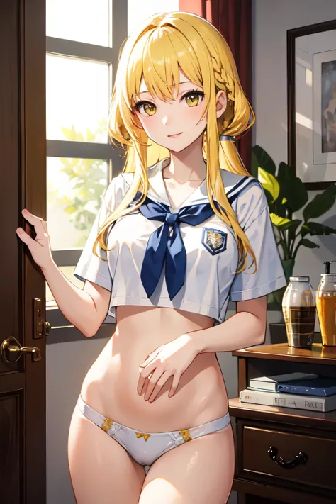 ((Highest quality)), ((masterpiece)), (detailed), high school girl, Lewd,　yellow　Hair，Returning home，Nice body
