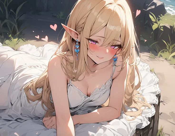 1 lady, Beautiful elf lady, blonde Long straight hair, upturn elf pointy ears, sexy figure, hot body, very beautiful face, detailed face, delicate eyes, detailed pupil, beautiful and delicate lips, blush, seductive smile, heavy breathing, shy, heart, in lo...