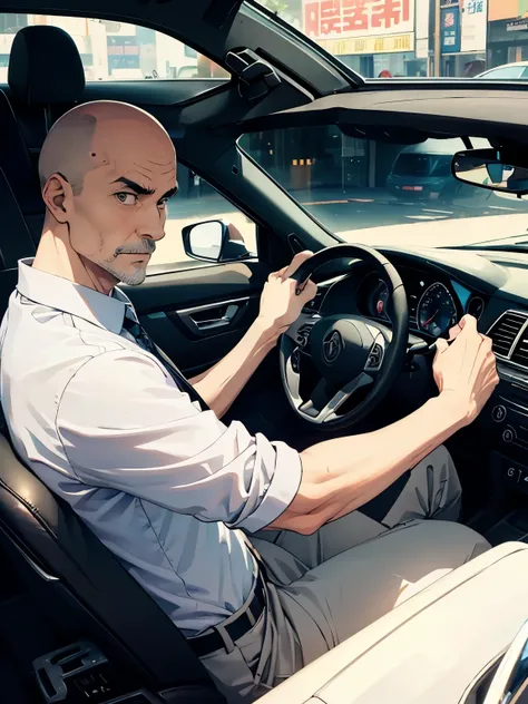 53-year-old taxi driver、Are thin、Bald、White shirt、tie、Grey slacks、Detailed facial expressions、driving seat、