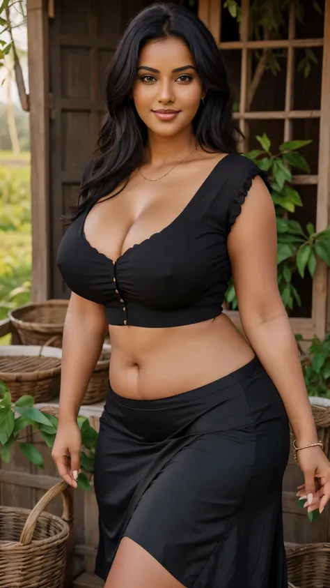 3 members plus size mature milf, realistic photograph of three rustic Tamil village belle dressed in an ((unhooked hot black blouse and Indian black hot  skirt)) standing inside a white jasmine flower farm in rural India, dark skin, curvy and toned body, t...