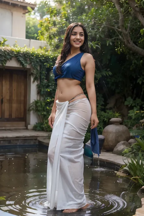 Small young girl in little underwear. spraying water from hose on stunning mature Indian woman wearing white shirt and low waist long skirt and wet all nice look, Laughing. In garden. Indian girl, cute, (lifelike, high-resolution: 1.3) 1 girl with a perfec...