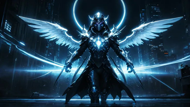 ((masterpiece, Highest quality, Best image quality, High resolution、４ｋ)) One evil black masked angel、Glowing white wings、Glowing halo、Big sword、Cyberface。Flowing White Cyber Robe、god々Shining with a bright light。Shiny advanced cybernetic enhancements. Seen ...