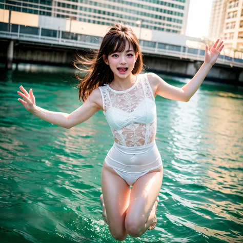 (8K TopQuality masterpiece: 1.2)(Realistic ProfessionalPhoto:1.37), VolumetricLighting. Tiny Girls, (((girl jumping into the water)))、Falling、splash water、shout、Luminous water surface、White and Bright colors, back lighting, Radiant PearlSkin with Transpare...