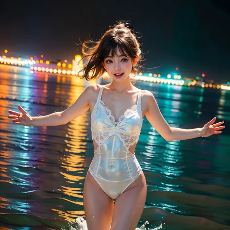 (8K TopQuality masterpiece: 1.2)(Realistic ProfessionalPhoto:1.37), VolumetricLighting. Tiny Girls, (((girl jumping into the water)))、Falling、splash water、shout、Luminous water surface、White and Bright colors, back lighting, Radiant PearlSkin with Transpare...