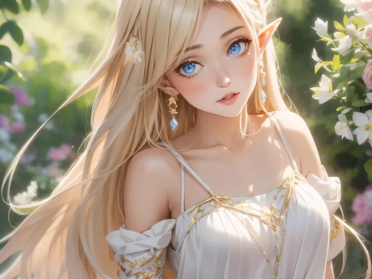 1 girl, Beautiful elf lady, blonde Long straight hair, upturn elf pointy ears, sexy figure, hot body, very beautiful face, detailed face, delicate eyes, detailed pupil, beautiful and delicate lips, blush, shy, heart, in love, white camisole long skirt, Sim...