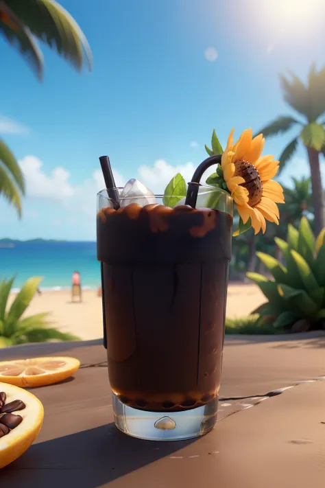 ((Highest quality)), ((masterpiece)), (detailed), ((Black iced coffee)),((Resort)), ((summer)), refreshing, Ocean, Bright sun, blue sky, Tropical plants, Swim ring, watermelon, sunflower, Morning glory, sunglasses