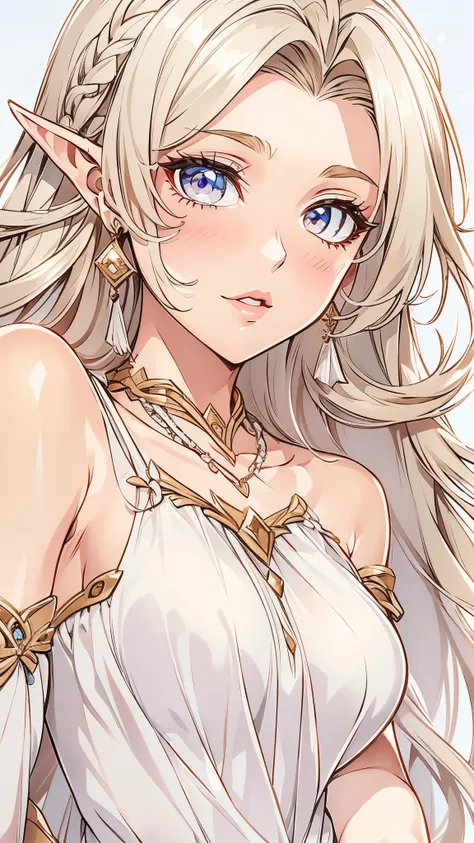 1 girl, Beautiful elf lady, blonde Long straight hair, upturn elf pointy ears, sexy figure, hot body, big breast, very beautiful face, detailed face, delicate eyes, detailed pupil, beautiful and delicate lips, blush, shy, heart, in love, white camisole lon...