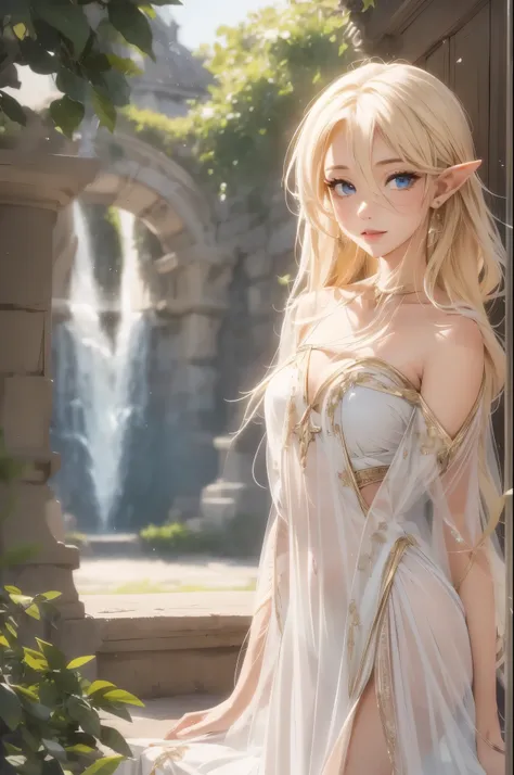 1 girl, beautiful elf lady, blonde long straight hair, upturn elf pointy ears, sexy figure, hot body, very beautiful face, detai...