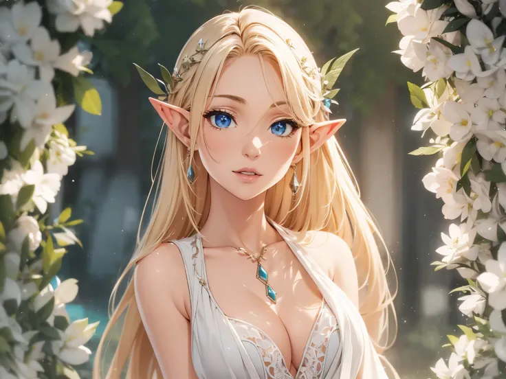 1 girl, Beautiful elf lady, blonde Long straight hair, upturn elf pointy ears, sexy figure, hot body, big breast, very beautiful face, detailed face, delicate eyes, detailed pupil, beautiful and delicate lips, blush, shy, heart, in love, white camisole lon...