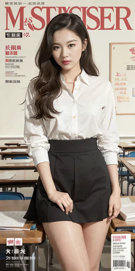 Magazine cover style illustration of a vibrant, stylish woman), (masterpiece,newest,exceptional:1.2),1girl,black ,classroom,