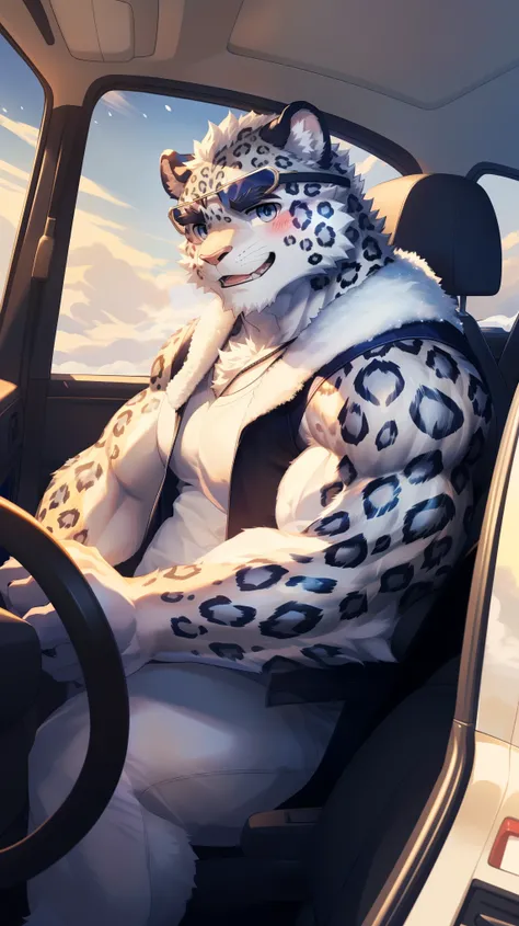 (Vision:1.5), solitary, anthropology, hairy, hairy male, snow leopard, ((Fluffy fur, Fluffy, hairy body)), (snow leopard print), (Thick eyebrows), youth, muscular, White and big skin, Blue-gray pupils, Detailed teeth, defaced face, fundos, driver, White ve...