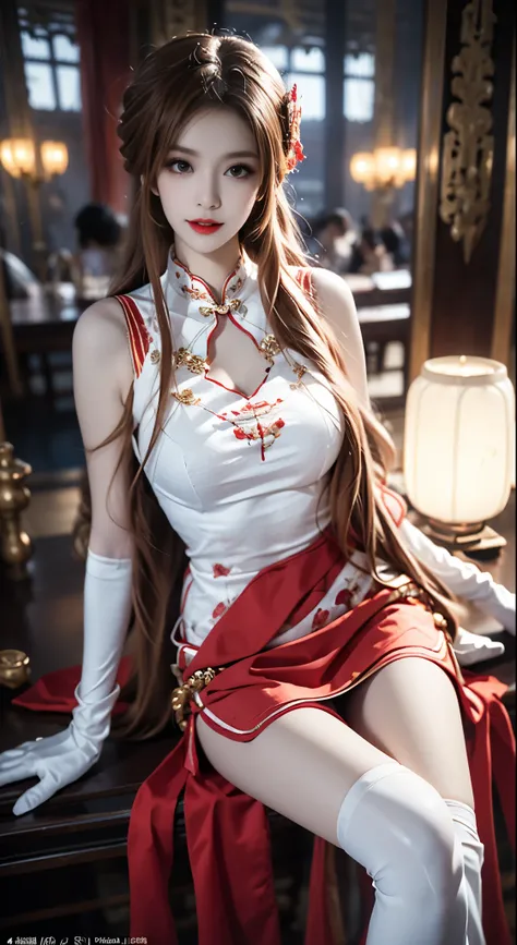 Yuuki Asuna,cheongsam, china dress, chinese clothes, sleeveless, bare shoulders, ((Bare shoulders)), ((Full breasts)), ((the skirt is short)), ((Sexy legs)), ((whole body)), Practical, Fashion Girl, Red lips, Mature women, Exquisite makeup, big eyes, beaut...