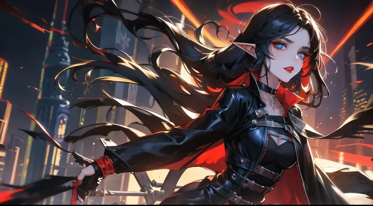 single female elf, long black hair, blue eyes, black gothic choker, red jacket, black shirt, red lips, black makeup. a detailed ...