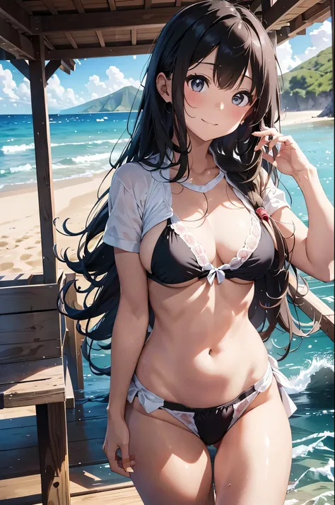 以下は2000文字of詳細なプロンプトです:：

--- Very detailed, Realistic, high-resolution 4K image of a beautiful woman standing topless by the seaside. of woman is the main focus of the image, with every detail of her appearance meticulously depicted to emphasize her natura...