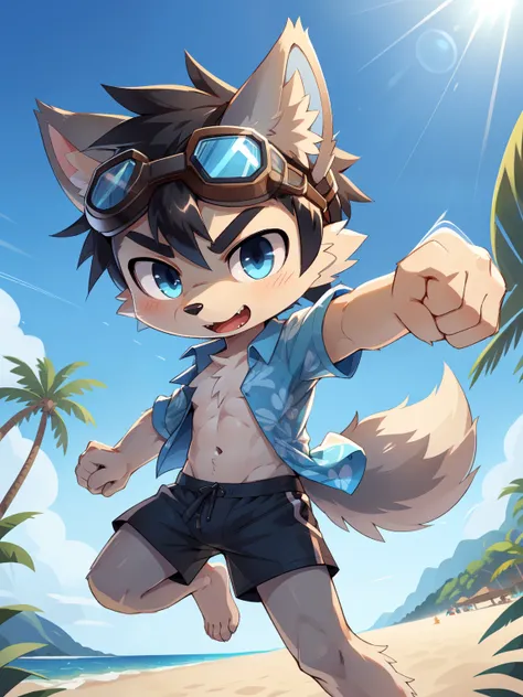 Furry shota, young, wolf, black hair, short spiky ponytail, blue eyes, detailed body fur, ((blue hawaiian shirt, open clothes, black swim trunks, goggles)), masterpiece, looking at you, fangs, clear grey body fur, detailed face, big eyebrows, detailed eyes...