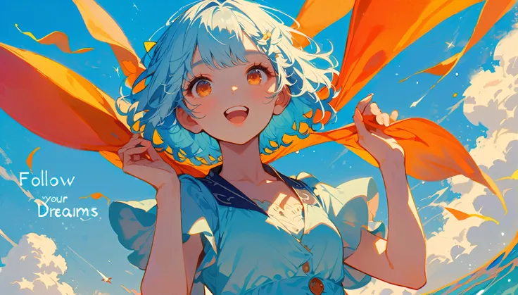 summer、1 female, Light blue hair,　short hair, Orange as an accent、Follow your dreams、