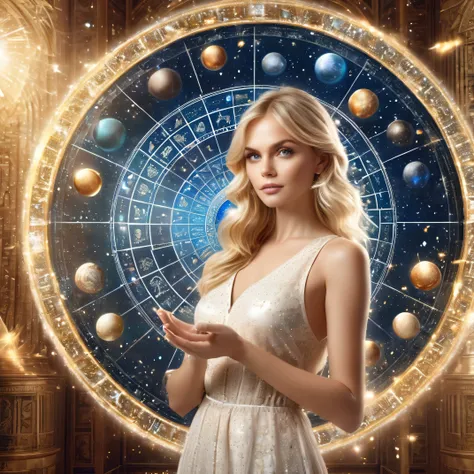 astrologer, beckoning, blonde hair, bangs, 1girl, long hair, looking at viewer, 3d image of astrological horoscope circle on bot...