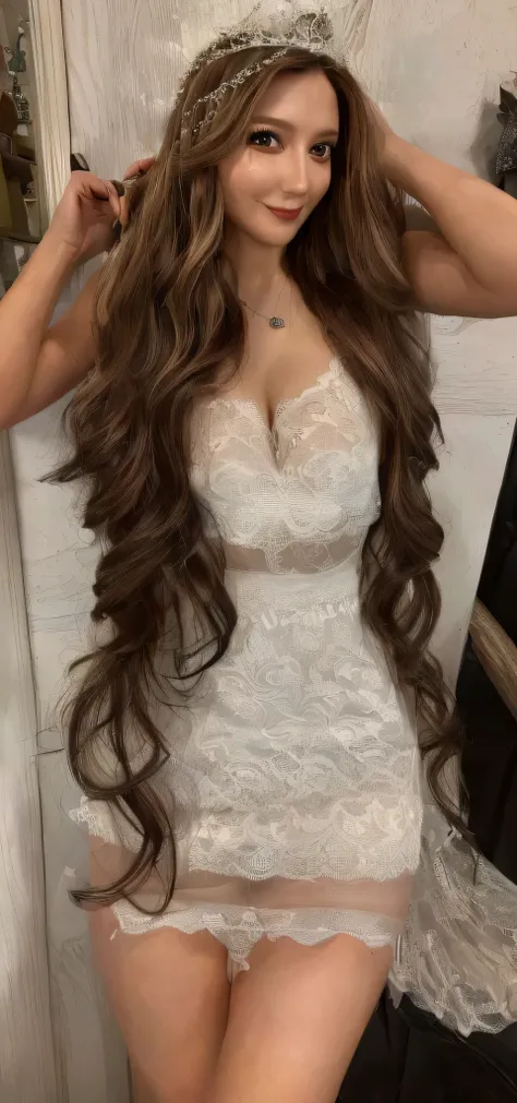 ((Highest quality, 8K, masterpiece: 1.3)), One girl, Perfect Body Beauty: 1.3, ( Random thick diva hairstyle casual), (( Long wavy brown hair)), (Queen), (Exposed big breasts), (Wedding dress), Super detailed face, Beautiful Eyes, double eyelid, smile, Sho...