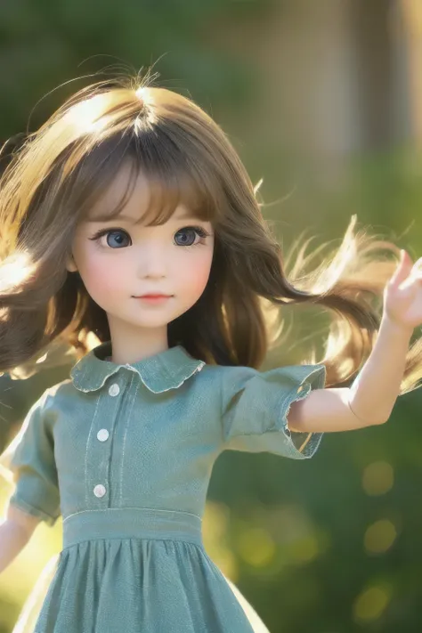 Chibi Girl Doll、Spinning gracefully、Dresses fluttering in the wind、Detailed facial features、Aggressive composition、Elegant hairstyle、Delicate feminine figure、Photorealistic、high quality、Ultra-realistic、Very detailed、Cinematic lighting、Warm color palette、Dr...