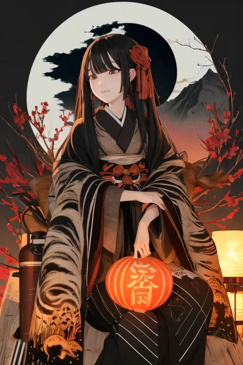 (Highest quality:1.2)。ghost nocturnal。One Woman。beautiful demon。Fierce smile。Long black hair。Cow horn。Black kimono。Black Hakama。A tiger skin wrapped around his waist。Sake cup in right hand。Gourd in left hand。Sit down on a rock。Looking up at the moon。Lookin...