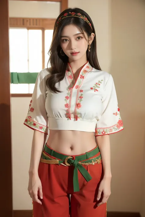 
Cute girl, Shawl and headband, Brown eyes, Red short-sleeved shirt, Short green pants, big breasts, Decorations and embroidery on clothes, Black belt, exposed stomach
